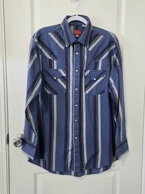 PLAINS Men’s Blue Striped Button-Down Western Shirt by Plains